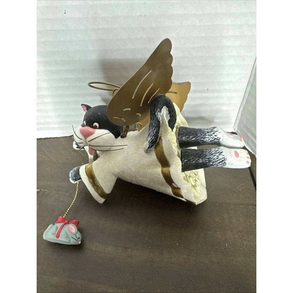 Whimsical Flying Cat Angel Ornament with Bobble Feet and Metal Wings